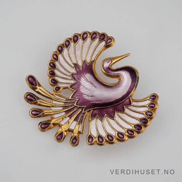 Hovedbilde Brosje/Påfugl i forgylt sølv med lilla emalje - ...