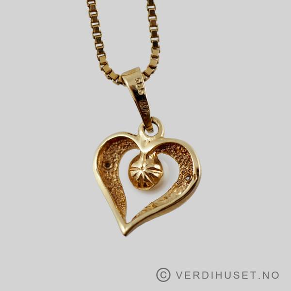 Hovedbilde Anheng/Hjerte i 14 K gull med perle og blanke ...