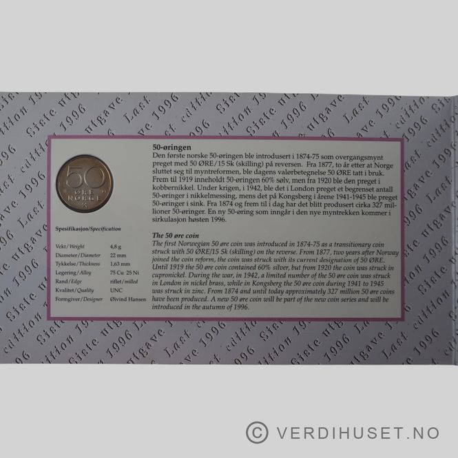 Hovedbilde 50 Kr 1995 Kv 0 i folder med 50 øre - sort ...