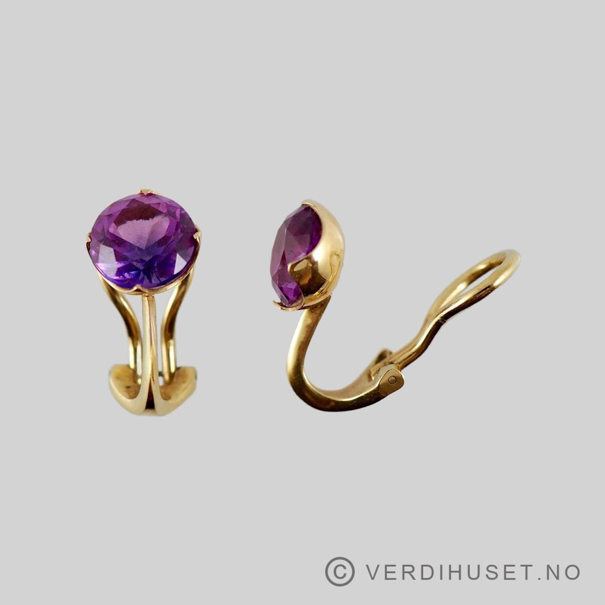 Øreklips i 14 K gull med rosa/lilla sten