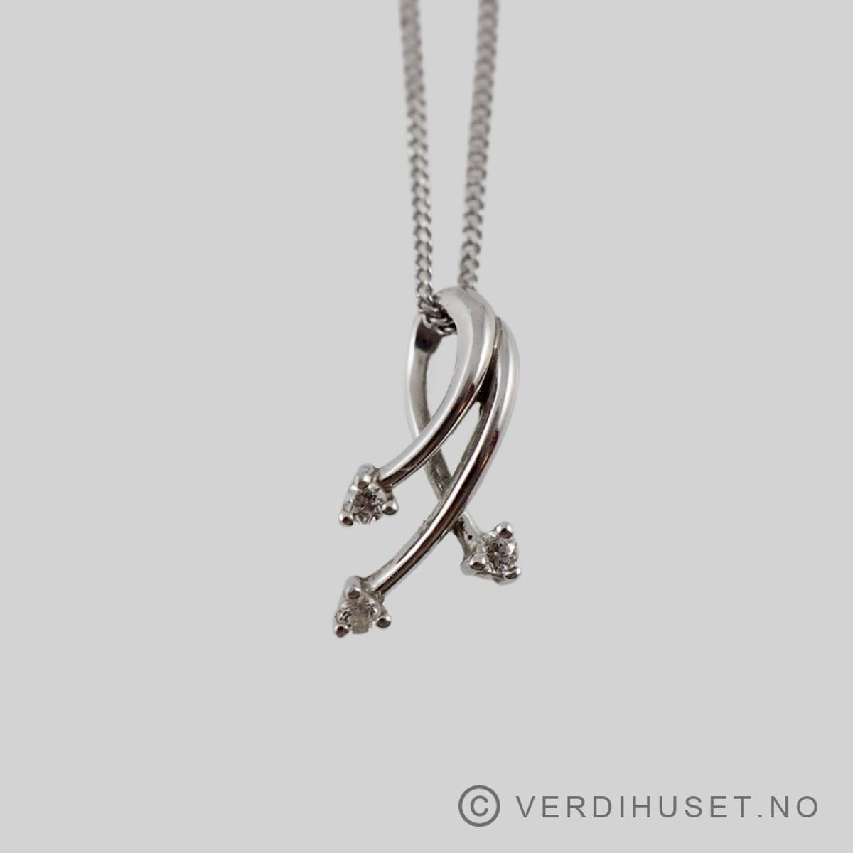 Anheng i 14 K hvitt gull med 3 blanke stener