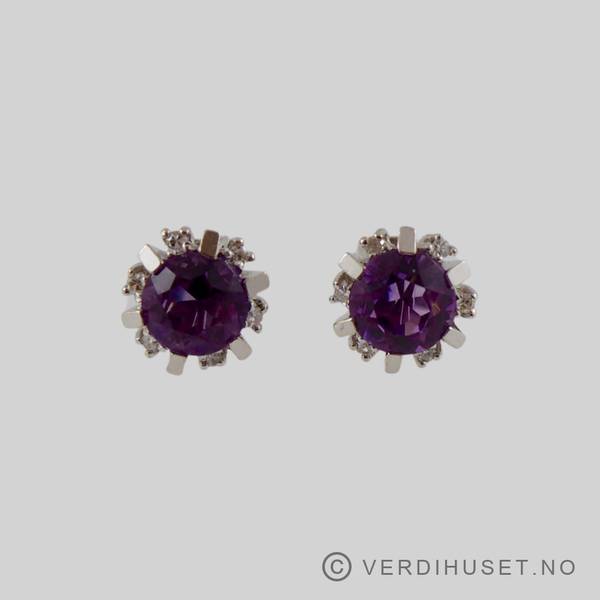 Hovedbilde Ørepynt i 14 K hvitt gull med lilla og blanke ...